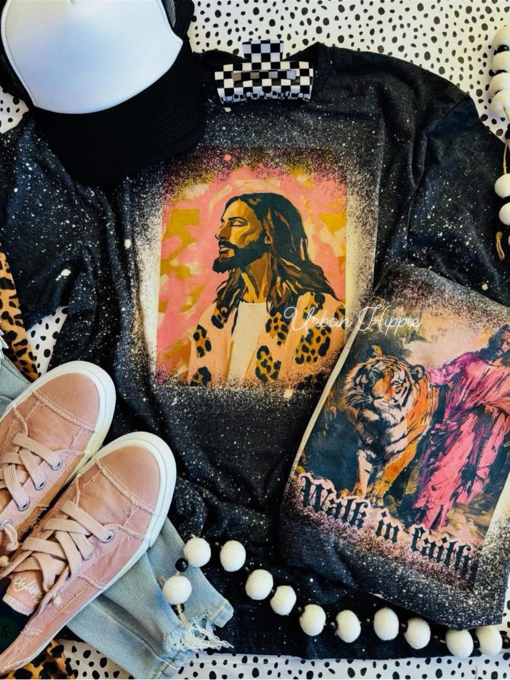 Lot of 2 Graphic Bleached Tshirt Jesus Christian Portrait Tiger Tshirt Small-2X